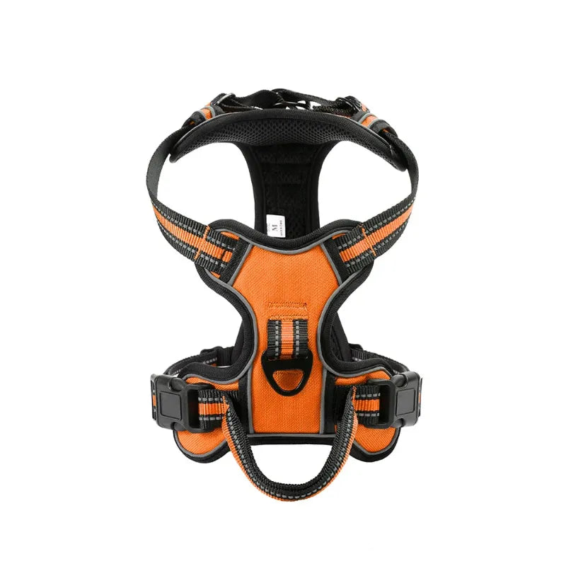 Orange and black dog harness on a white background