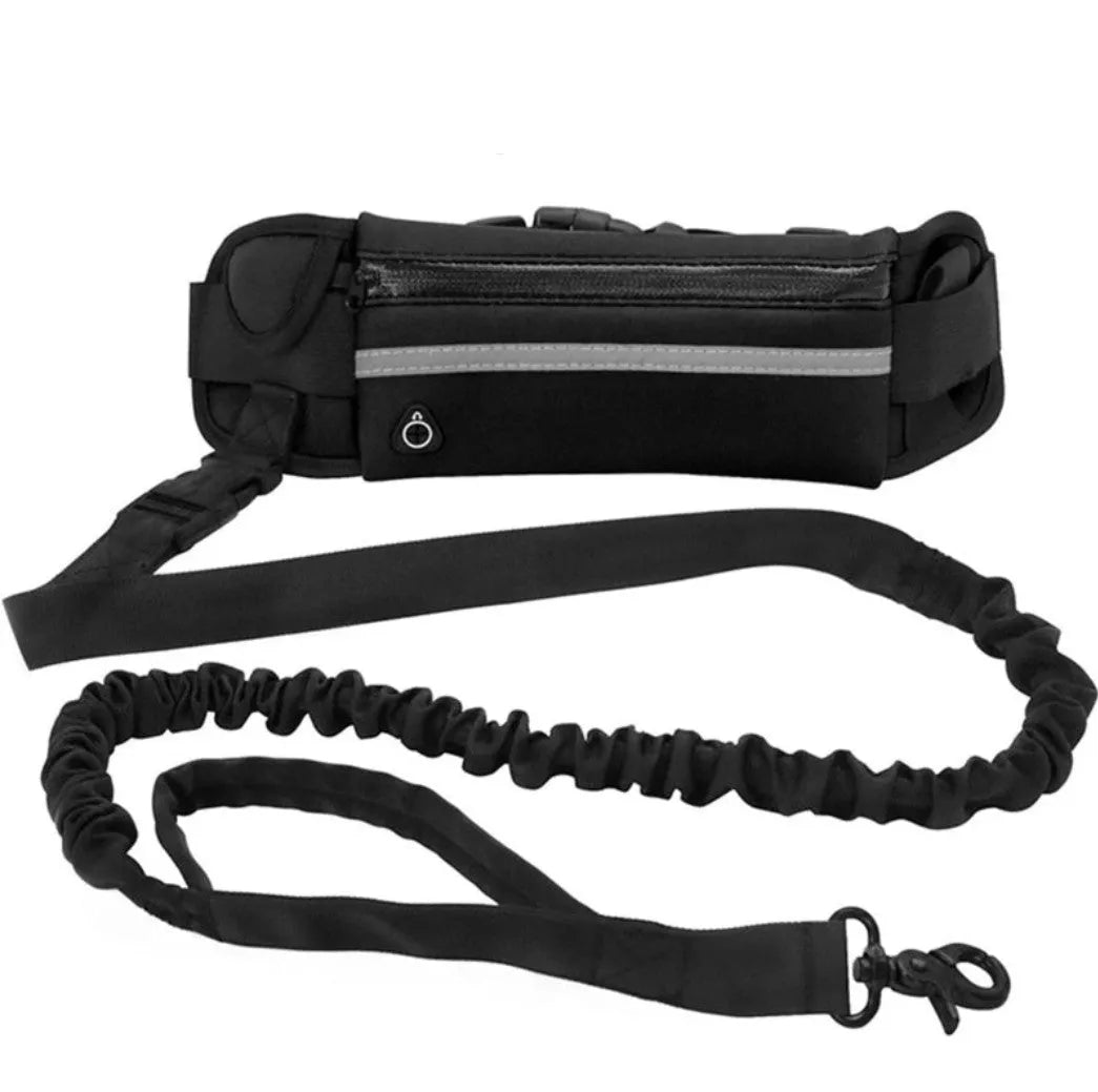 Black hands free leash with a long leash on a white background