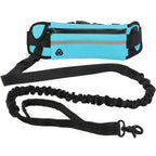 Blue hands free leash with a long black leash on a white background