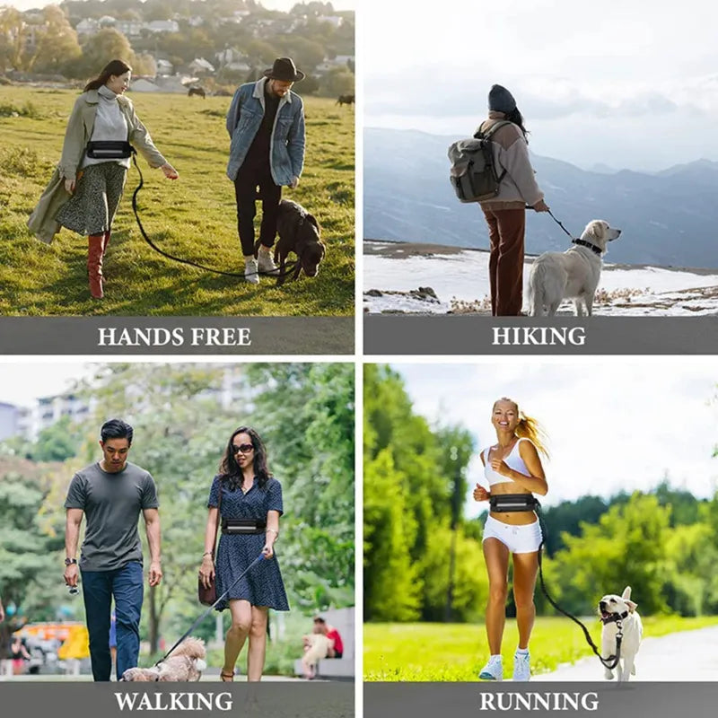 Collage of people walking dogs with hands free leash