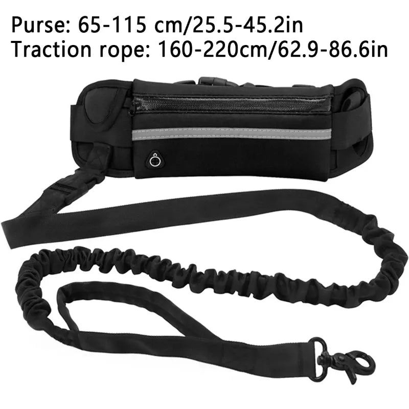 Black hands free leash with a long black leash showing dimensions on a white background