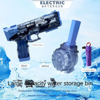 Electric water gun with large capacity water storage bin on a blue water-themed background