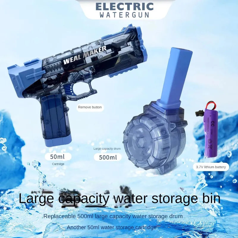 Electric water gun with large capacity water storage bin on a blue water-themed background