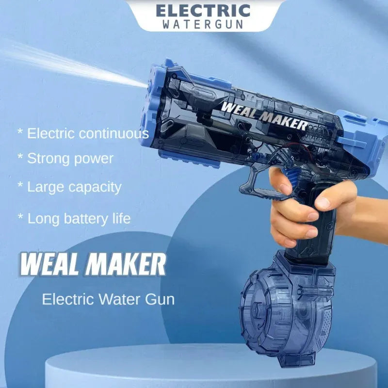 Electric water gun with features on a blue background