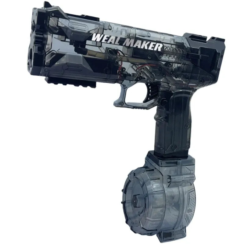 Gray toy electric water gun with 'Weal Maker' branding on a white background