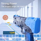 Blue and black toy water gun with target and range information on a white background