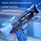 Toy water gun with descriptions on a blue pool background