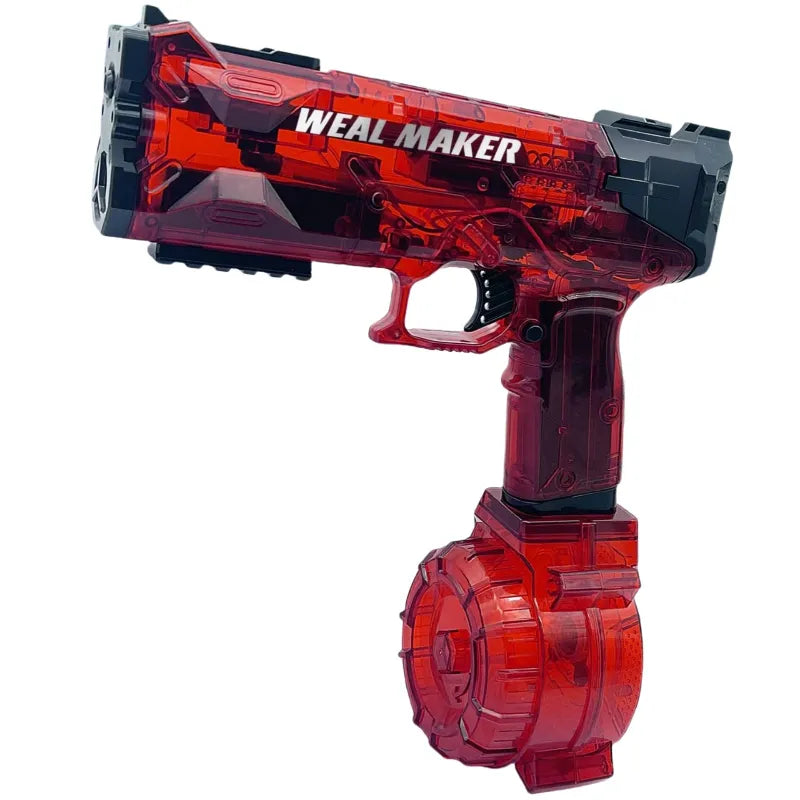 Red toy electric water gun with 'Weal Maker' branding on a white background