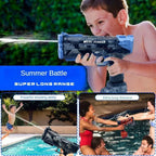 Child playing with a water gun in a pool, with text highlighting features like 'Super Long Range' and 'Powerful shooting ability'.