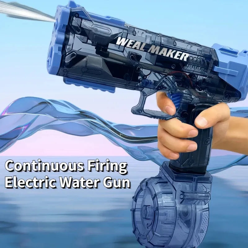 Electric water gun with branding held by a hand against a blue background.