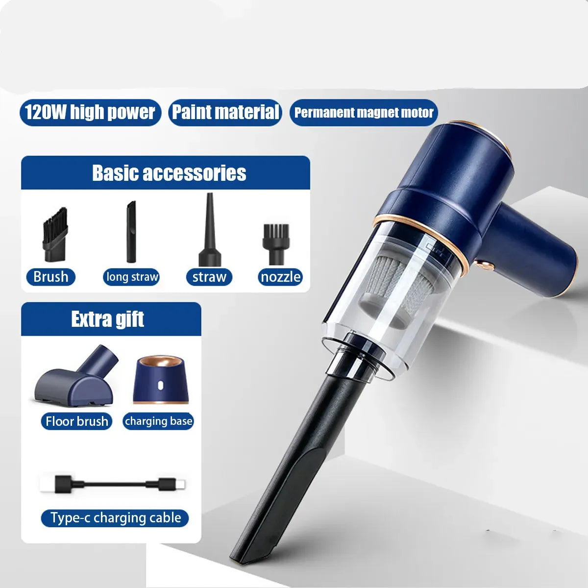 Handheld vacuum cleaner with accessories on a white background