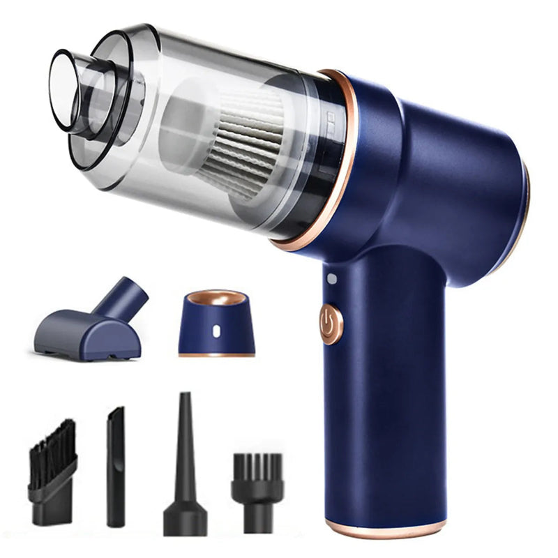 Blue handheld vacuum cleaner with attachments on a white background
