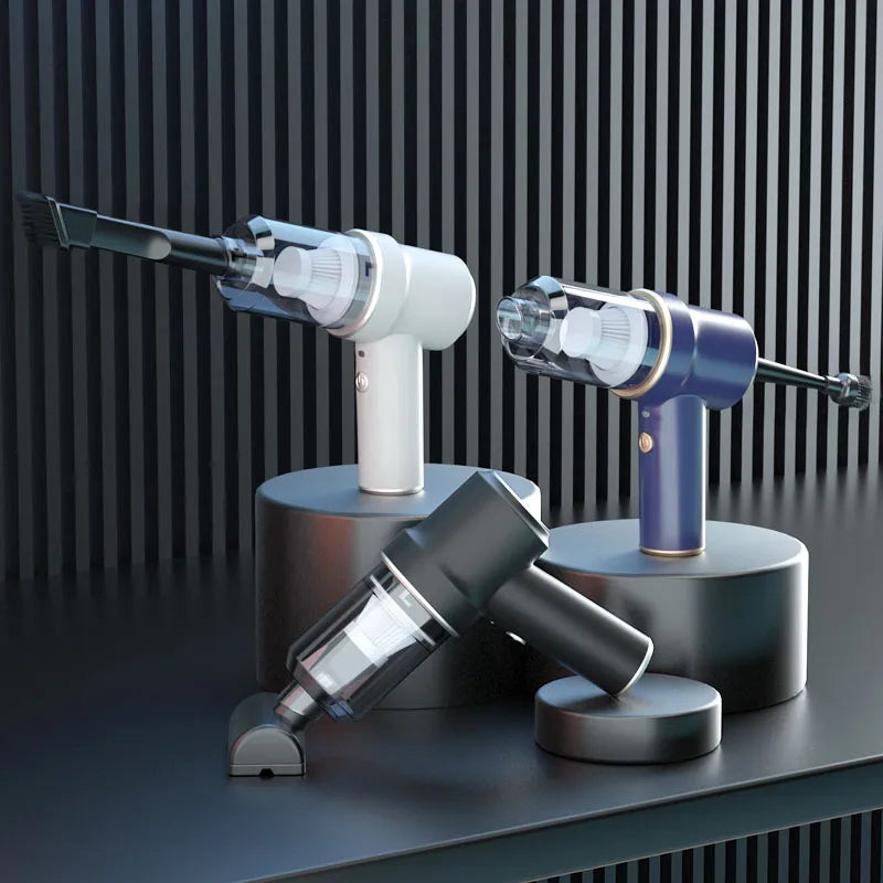 3 handheld vacuum cleaners with attachments on a dark display