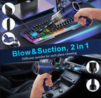 2-in-1 cleaning handheld vacuum tool with nozzles being used to blow or suck on a keyboard and car interior.