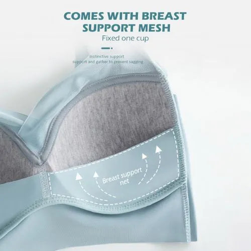 Gray and blue high support sport bra with breast support mesh and cup detail on a white background