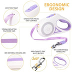 Ergonomic design of a retractable dog leash with features highlighted.