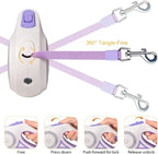 Retractable dog leash with white handle and purple strap showing lock function on a white background