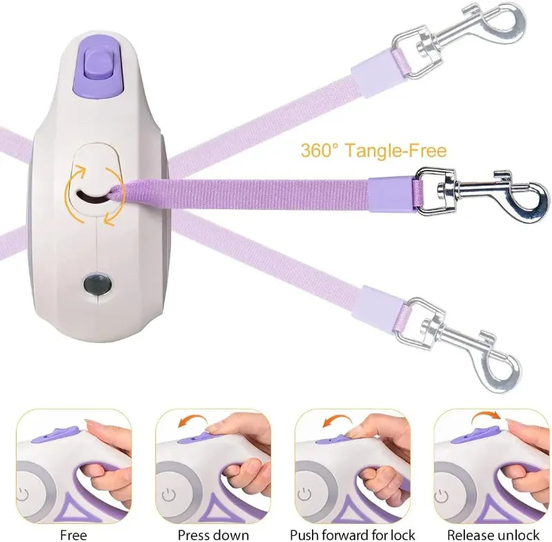 Retractable dog leash with white handle and purple strap showing lock function on a white background
