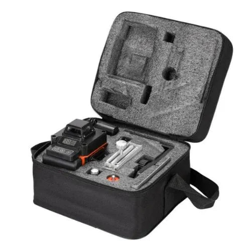 Black carrying case with foam interior holding electronic laser level on a white background