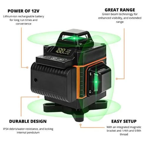 Laser level showing features with green beam technology on a white background