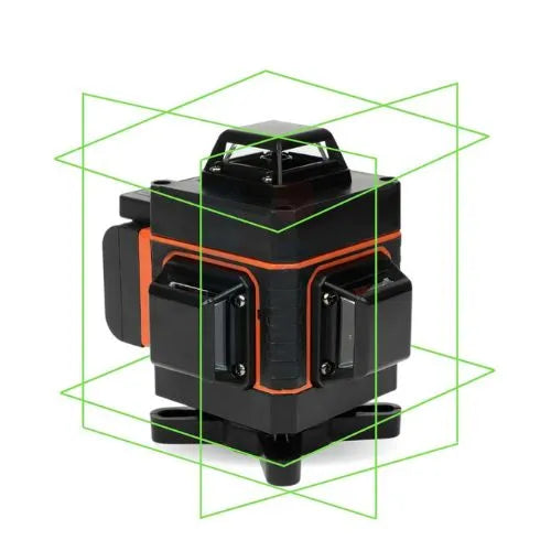 Black and orange laser level with green lines on a white background