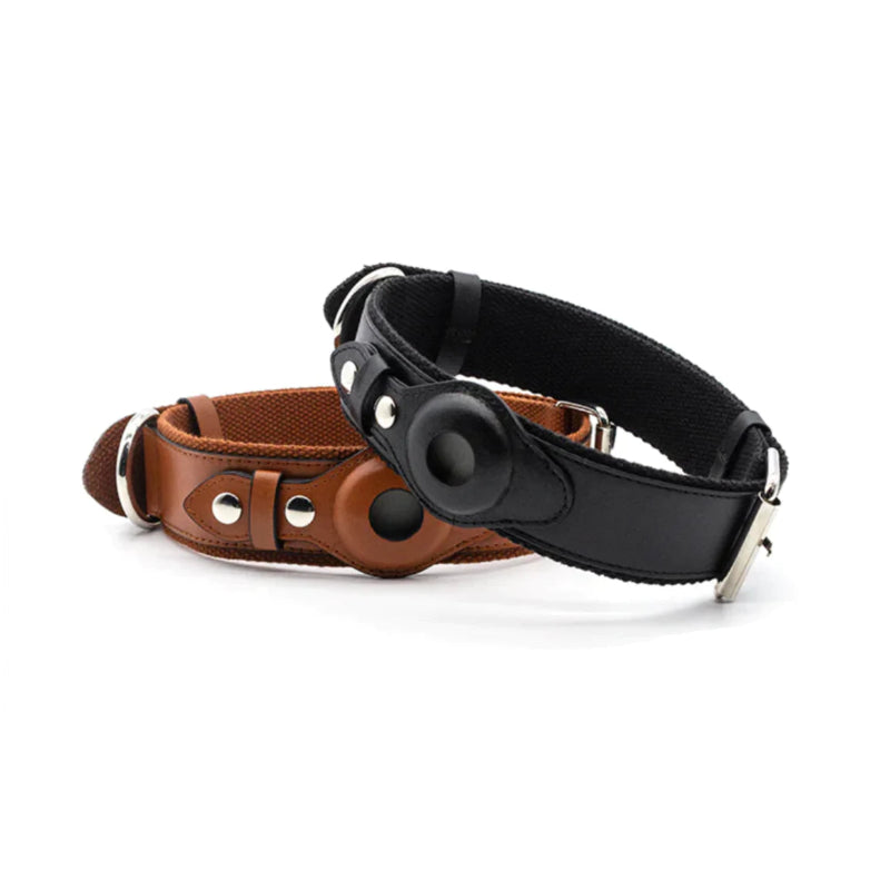 Black and brown leather airtag dog collars on a white background