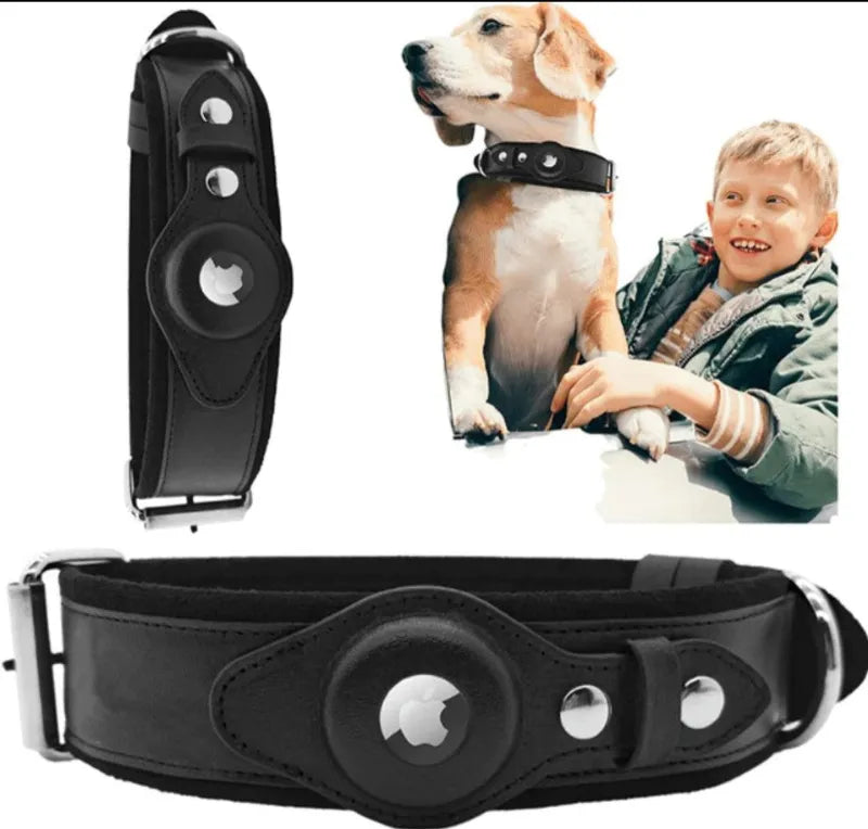 Black leather airtag collar with boy holding dog