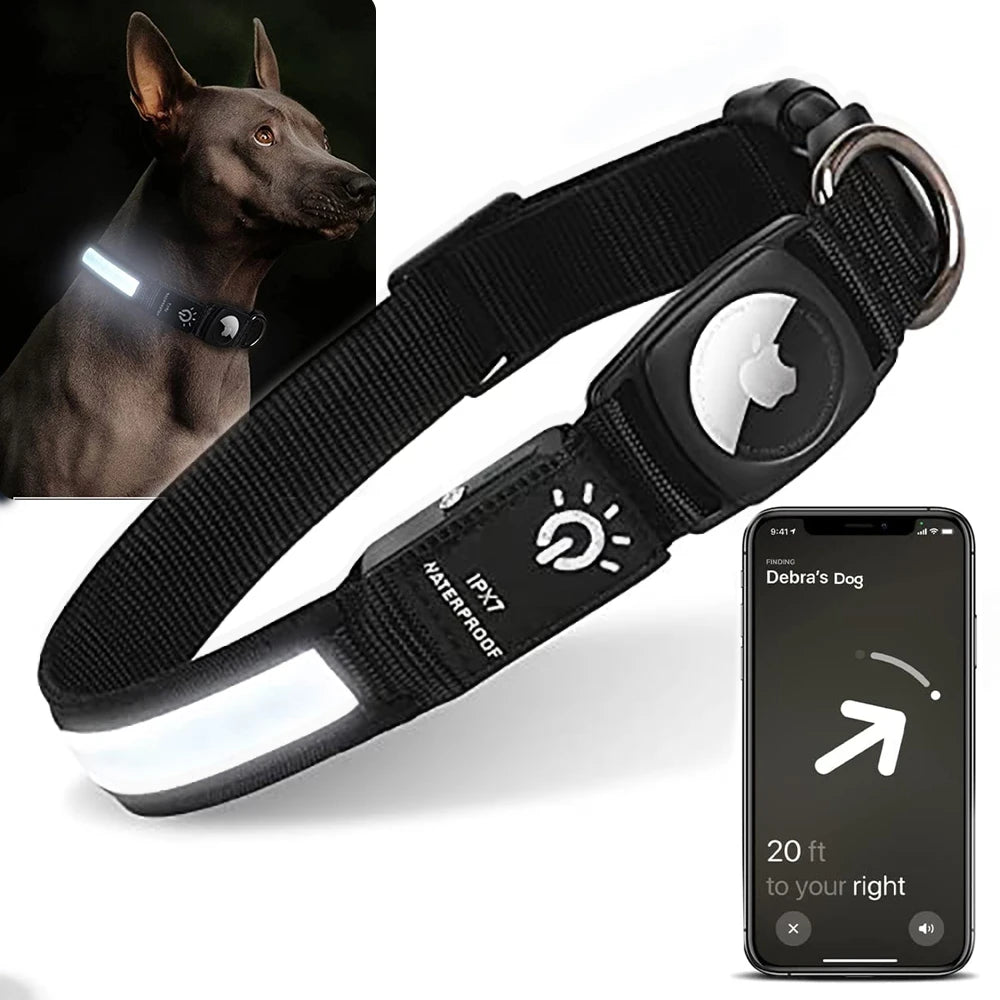 Black LED dog collar with airtag holder, lights and a smartphone with location app displayed on a white background