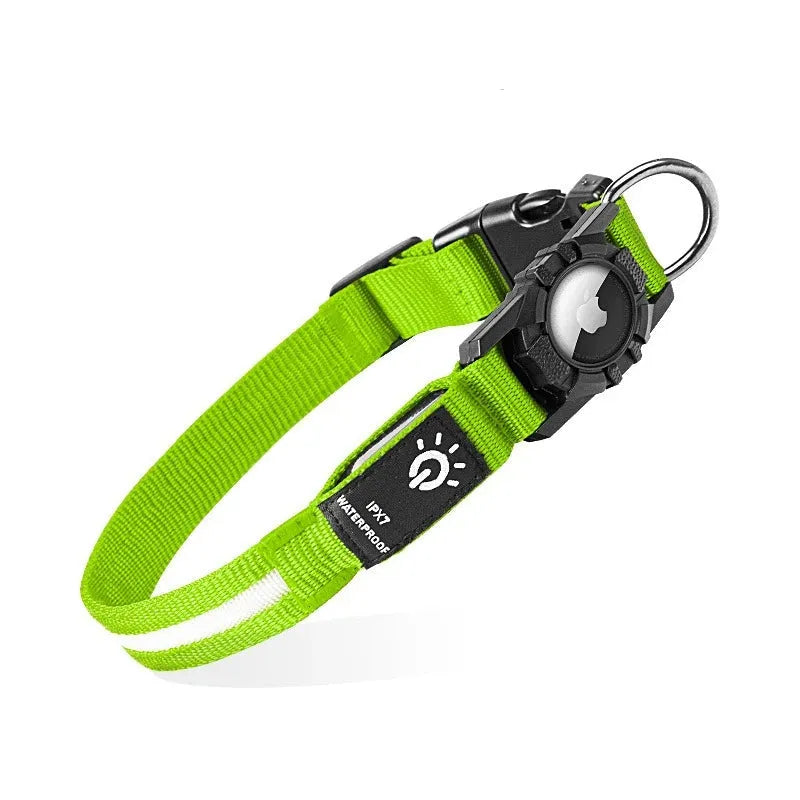 Green LED dog collar with airtag holder, and lights displayed on a white back ground