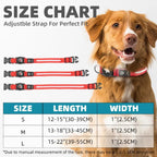 Dog collar size chart with a dog wearing a collar and adjustable strap options.