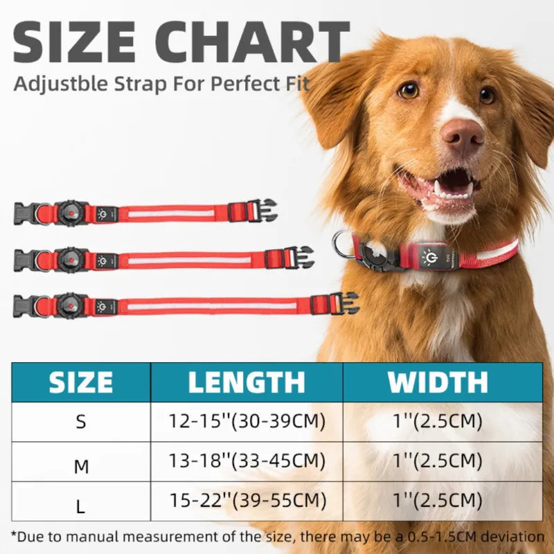 Dog collar size chart with a dog wearing a collar and adjustable strap options.