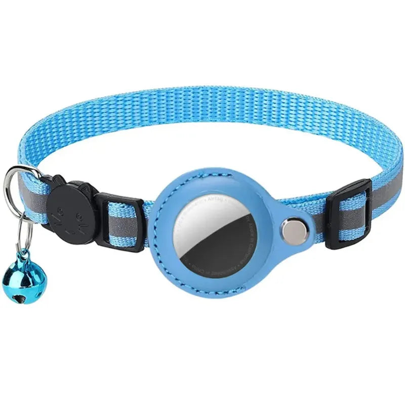 Blue reflective pet collar with airtag holder and bell on a white background