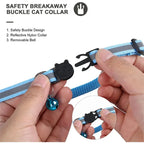 Safety breakaway buckle pet collar with reflective nylon and removable bell, held by hands.