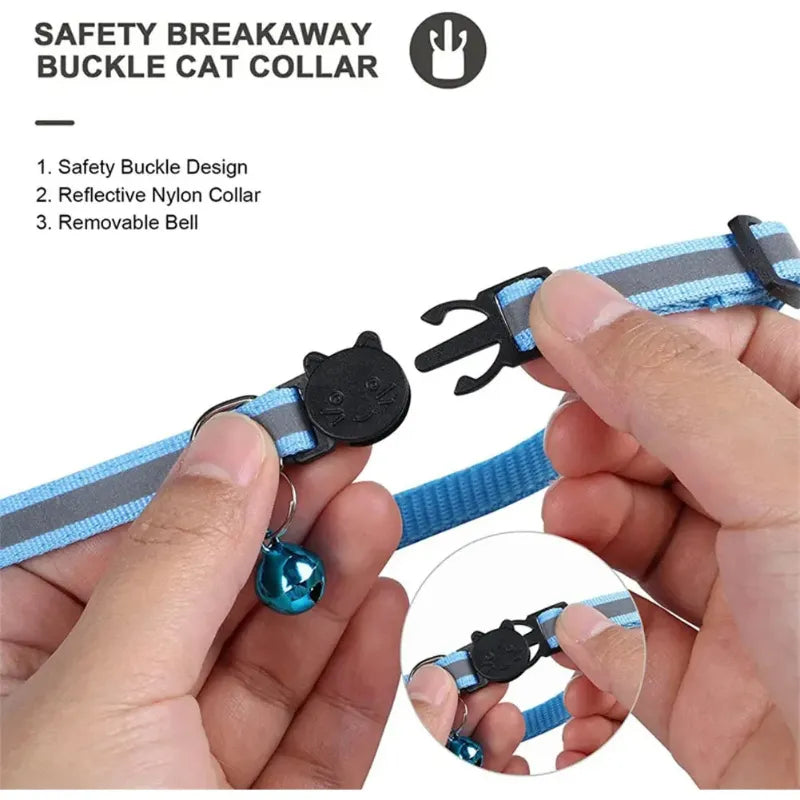 Safety breakaway buckle pet collar with reflective nylon and removable bell, held by hands.