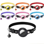 Set of colorful pet collars with airtag holders and reflective elements on a white background
