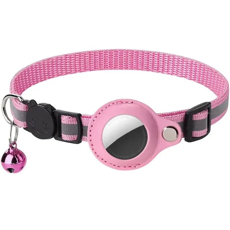 Pink reflective pet collar with airtag holder and bell on a white background