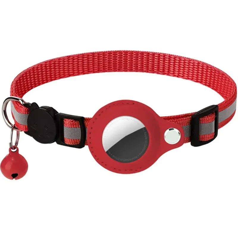 Red reflective pet collar with airtag holder and bell on a white background