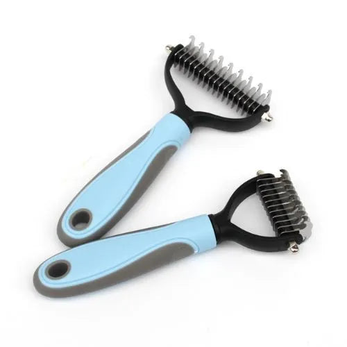 Two pet grooming tools showing blade features with blue handles on a white background