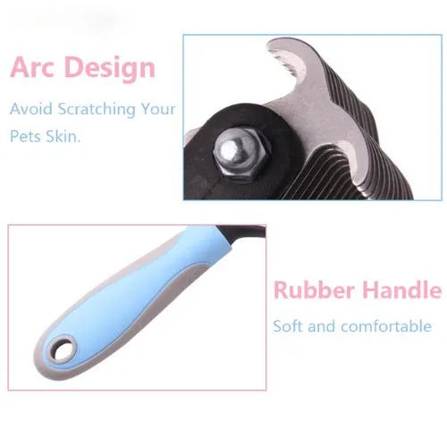 Pet grooming tool with arc design and rubber handle on a white background
