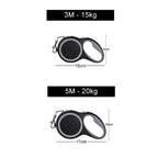 Measurement chart for a retractable dog leash with two options: 3M - 15kg and 5M - 20kg.
