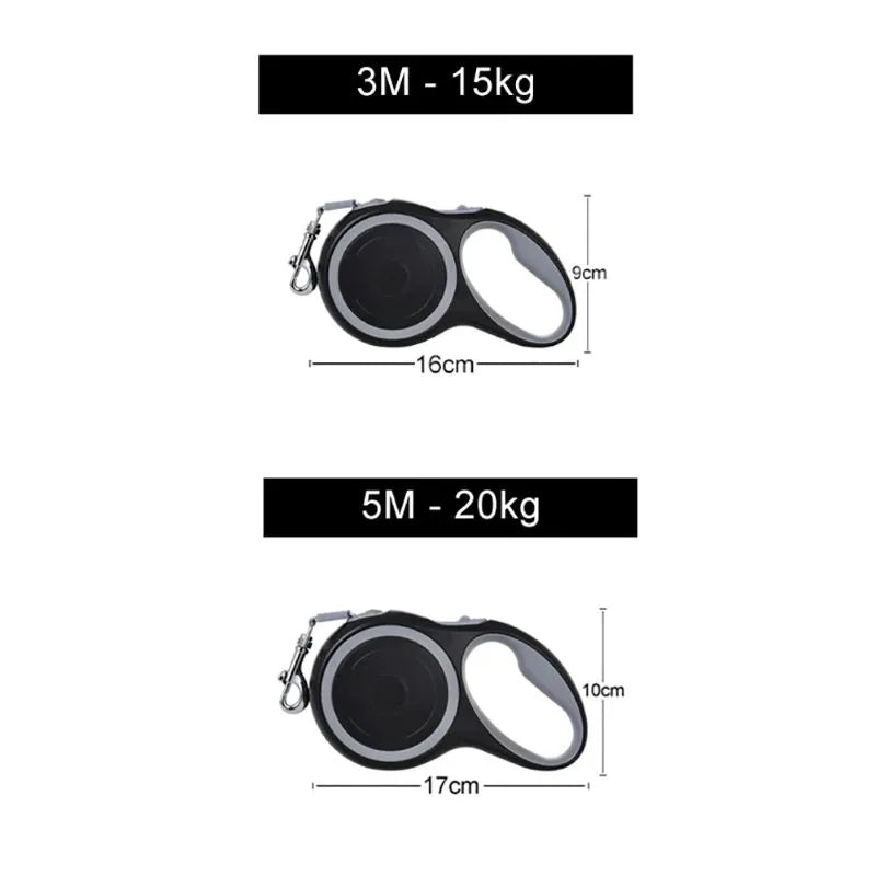 Measurement chart for a retractable dog leash with two options: 3M - 15kg and 5M - 20kg.