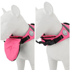 Dog mannequin displaying the neck features of a pink flotation vest with black straps on a white background