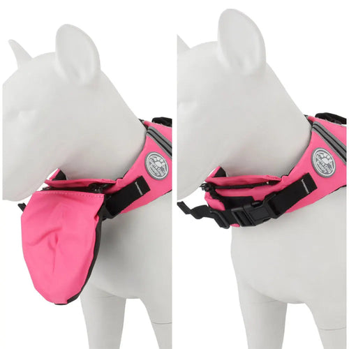 Dog mannequin displaying the neck features of a pink flotation vest with black straps on a white background