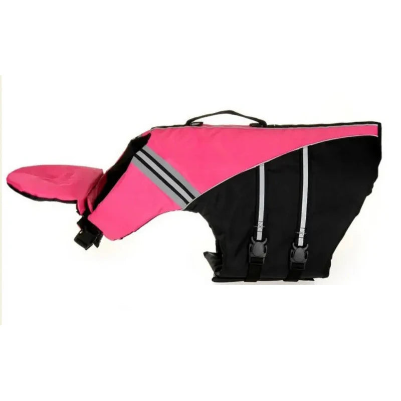 Pink and black dog life jacket with reflective stripes on a white background