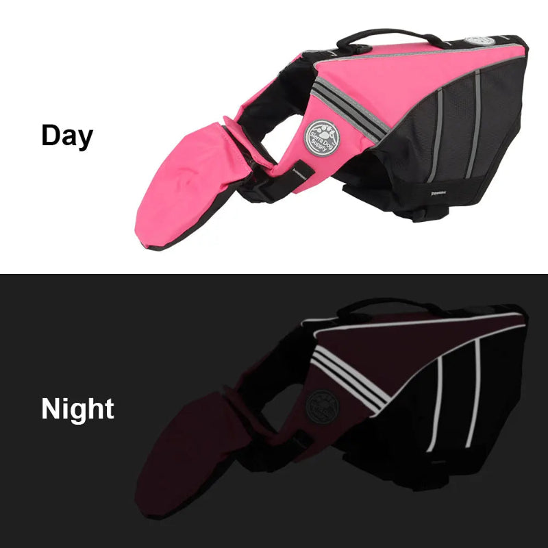 Pink and black dog life jacket shown during the day and night on a white background.