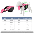 Pink dog life jacket with measurement chart on a white background
