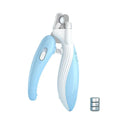 Blue led pet nail clipper with dimensions and batteries on a white 