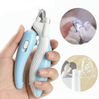 Pet nail clipper with LED held in a hand with close-up insets showing its use on a pet's nails.