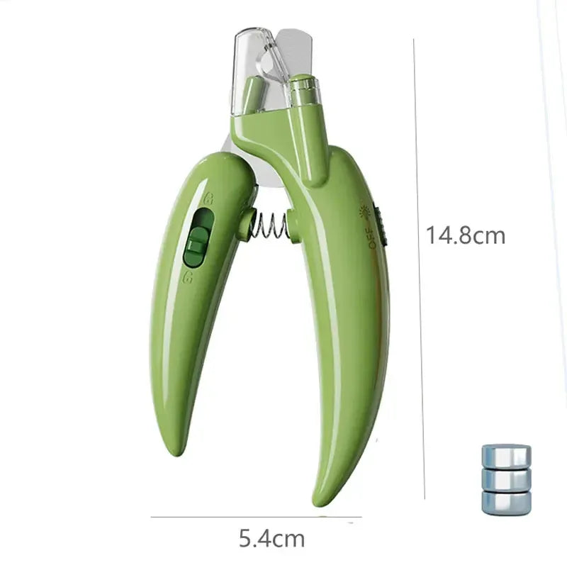 Green led pet nail clipper with dimensions and batteries on a white background