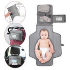 Portable changing pad with a baby laying on it, surrounded by close-up insets showing different uses.